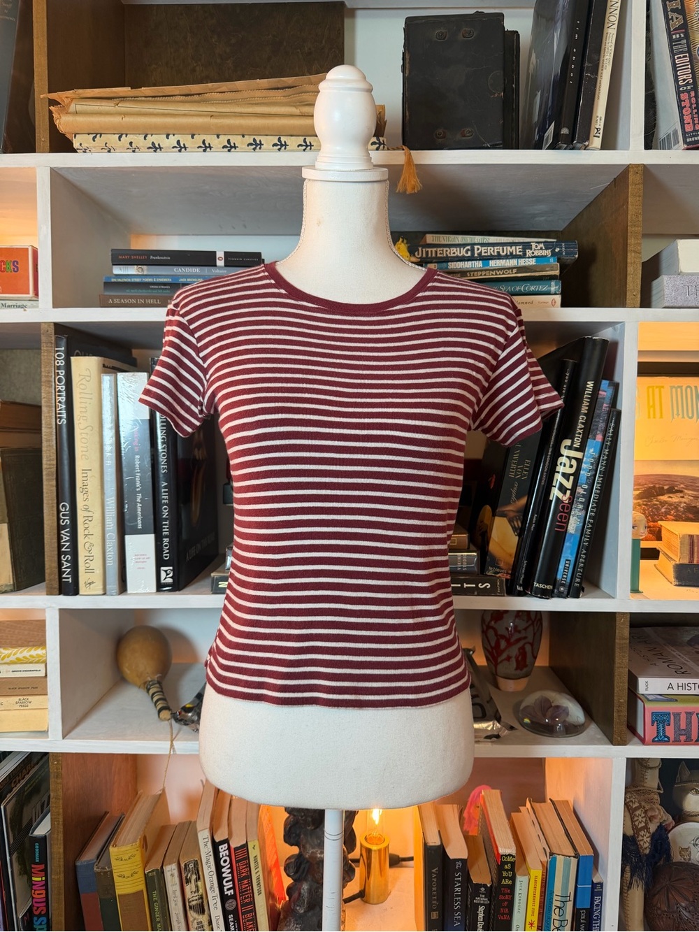 Brandy Melville Burgundy and White Striped Short-Sleeve Tee